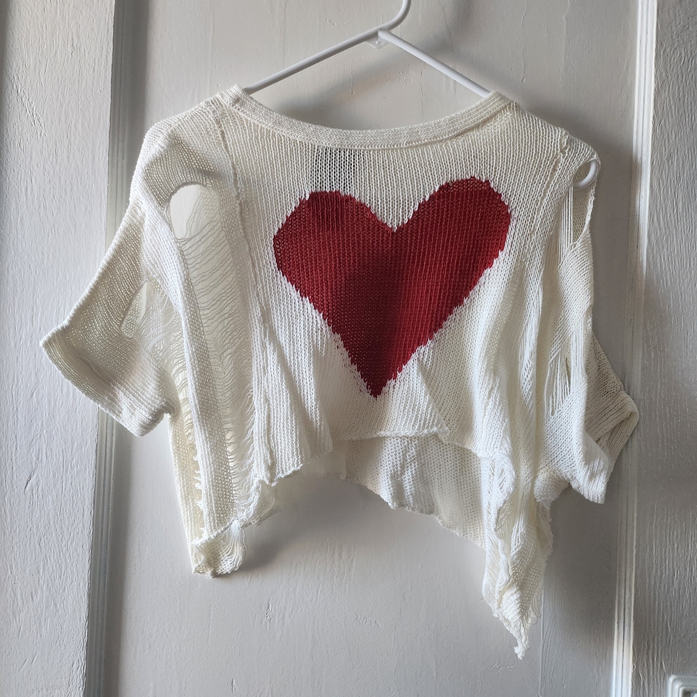 Moon Collection 100% Cotton Distressed Cream Sweater with Red Heart